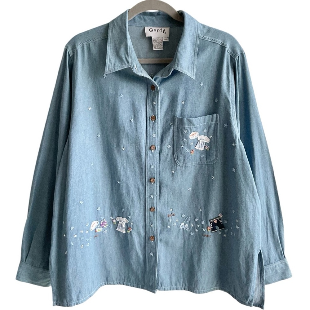 Gardy Vintage My Fair Lady Denim Button Up Top Blouse Size XL Blue Cute